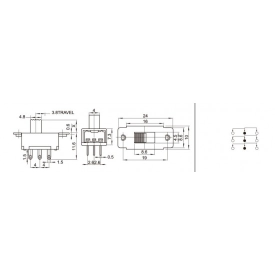 Toggle switch SS-32H01，(3P2T)，9pin，2 gears